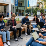 College students on campus using laptops and tablets, illustrating heavy Wi-Fi usage.