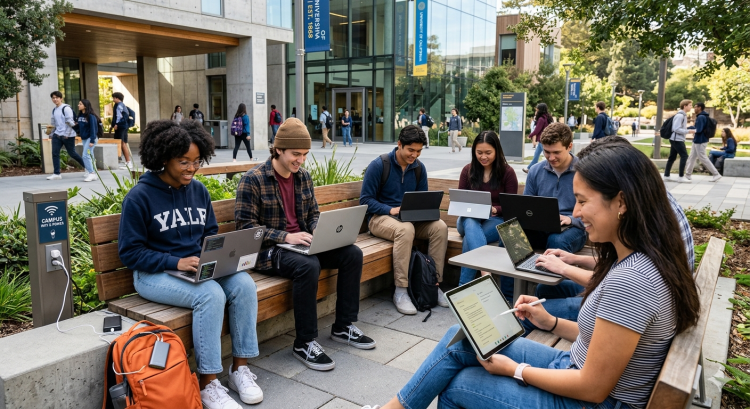 College students on campus using laptops and tablets, illustrating heavy Wi-Fi usage.